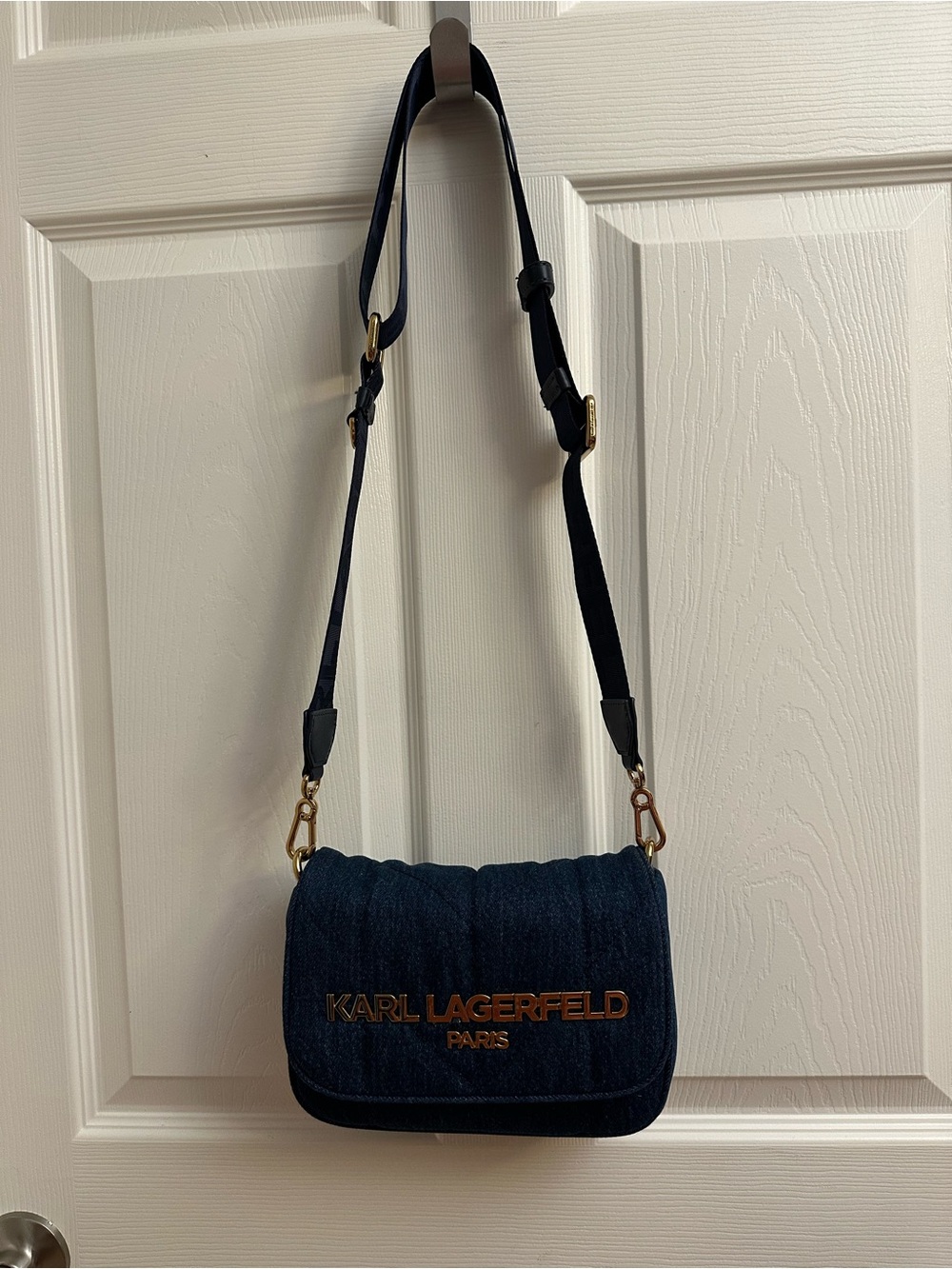 Karl Lagerfeld Quilted Dark Blue Denim Crossbody with Gold Logo - Picture 16 of 16